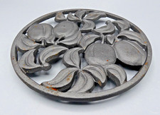 Vintage Black Cast Iron Trivet Pot Stand Plum Design - 19cm Diam - Dark Grey