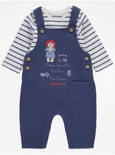 0-3 Months Blue Paddington Bear Dungarees & White Cotton Striped Bodysuit