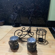 Vintage Black  Hanging Birdcage & Bronze Heart Tea Light Candle Holder Bundle 