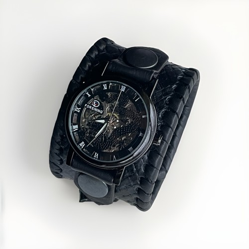 Black leather watch wrist band - leather,