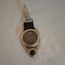 Fossil Digital Pocket Watch Men Silver Red Alarm Chrono Snap-on Very Rare