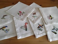 Vintage Set Eight  Linen Tea Napkins Hand Embroidered BIRDS = UNUSED =