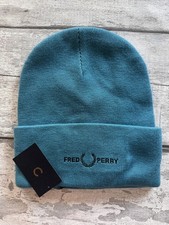 BRAND NEW GENUINE FRED PERRY GRAPHIC BEANIE, CYBER BLUE, ONE SIZE.