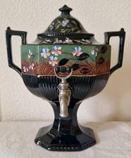 ANTIQUE BLACK GLAZED TERRACOTTA JACKFIELD SAMOVAR TEA URN c.1895