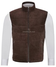 Men's Quilted Leather Waistcoat Brown Real Suede Leather Fashion Gilet Vest 1799