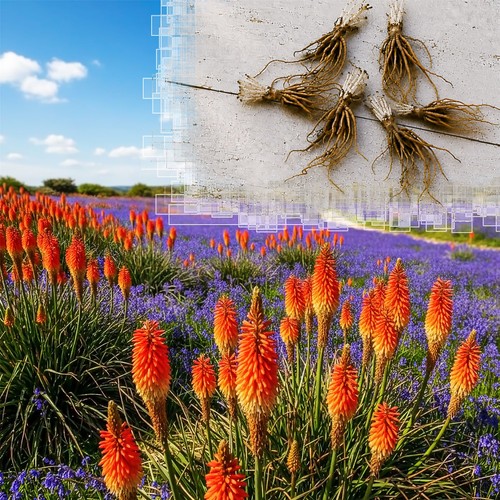 Red hot poker roots kniphofia - red,