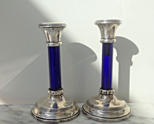 Antique Sterling Silver Cobalt Blue Glass Candlesticks British Hallmarks Pair