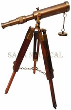 Antique Brass Telescope With Collectible Wooden Tripod Stand Vintage Desk Decor