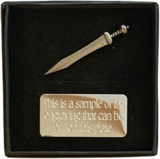Personalised Gift Box & Hand Made Roman Gladius Sword (H6) Pewter Pin Badge