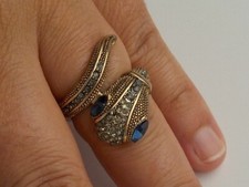 Attractive Gold Tone Snake Design Ring With Blue & Clear Stones - Size P