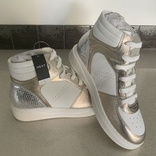 WOMENS NEXT SIGNATURE LEATHER HIGH TOP TRAINERS WHITE / GOLD SIZE 4 BNWT