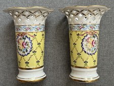 Pair FRENCH Limoge DE LA REINE Floral Reticulated Vases. Excellent Condition.