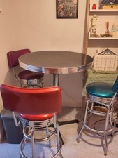 Retro Style Table And Three Chairs, Red Blue And Purple