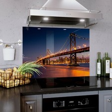 Glass Splashback Kitchen Tile Cooker Panel ANY SIZE Cityscape Night Bridge View