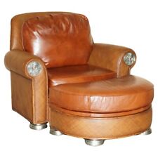 THOMASVILLE SAFARI LEATHER WOVEN ARMCHAIR & FOOTSTOOL OTTOMAN BROWN LEATHER