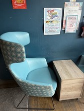 Pair of Modern High-Back Lounge Chairs – Retro Pattern & Turquoise Faux Leather