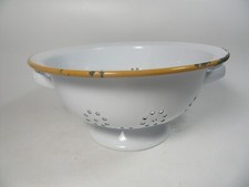 Vintage White  Enamel Twin-Handled Colander – Yellow  Trim.