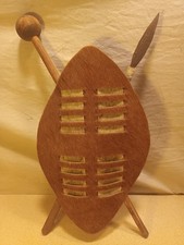 African Vintage Tribal Shield and Spear Handmade Zulu Cow Hide Wall Hanging