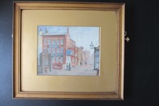 Framed 19C  painting of Liverpool, School Lane with Fazakerley Bookbinder sign