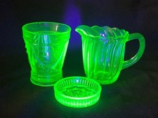 GOOD SET OF THREE ART DECO URANIUM GREEN GLASS JUG, VASE AND DISH.