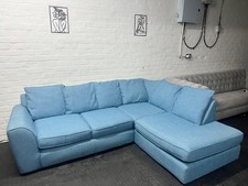 DFS Silver 4-Seater Corner Sofa Scatter Back Blue Fabric Right Hand
