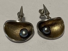 Unique Studio Made Solid Sterling Silver Gold Wash Blue Pearl Earrings (6.29g)