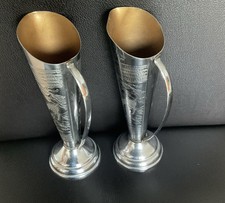 Vintage Chrome Bud Vases Etched Deer Design STUNNING Pair Flower Vases / Jugs 