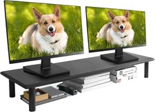 Bamboo Dual Monitor Riser with Adjustable Height for Laptop Computer TV Printer