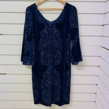 Frank Lyman Shift Dress Womens 12 Navy Blue Lined Floral Velvet Bell Sleeve
