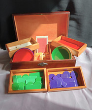 Vintage Wooden Gaming Box Poker Chips Counters Dice Cards Trays + Working Key