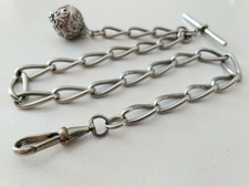 Antique Fetter Link Watch Chain T-Bar  Dog Clip & Ball Fob Albo Silver NCR Co.