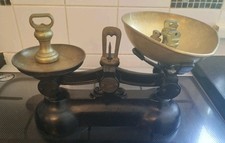 VINTAGE BLACK CAST IRON SCALES WITH BRASS BELL WEIGHTS LOVELY CONDITION BOOTS