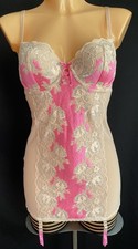 Victoria’s Secret Suspender Cami, Pink Sheer Nylon Mesh & Floral Lace, 34C