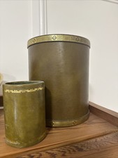 Rare Vintage Original Genuine Leather Waste Bin Khaki Green Matching Pot Set
