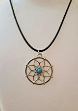 Turquoise and silver dreamcatcher  necklace on black neck cord, summer, gift