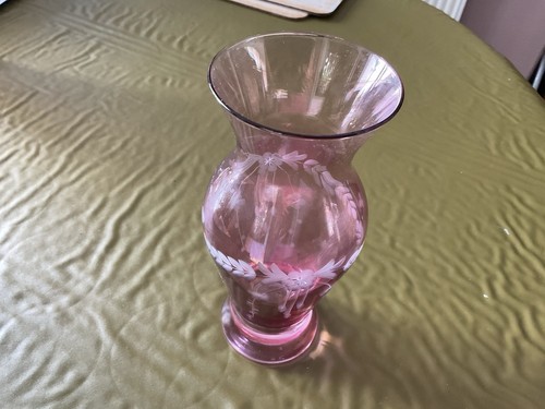 Etched cranberry glass vase - glass,