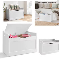 Large Toy Box Kid's Room Storage White Wooden Bedroom Chest Lid Ottoman Baby