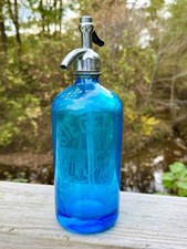 Antique Siegel Bros Blue Seltzer Bottle Art Deco Etched Soda Man Brooklyn NY