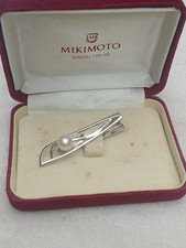VINTAGE MIKIMOTO Tie clip Solid Sterling Silver With Pearl & Case Gift ? Ready