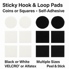 VELCRO® Sticky Pads Coins or Squares – Black or White – Hook & Loop