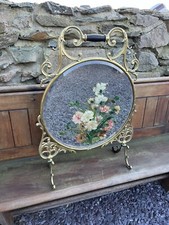 Antique fireplace screen Art Nouveau Brass & Bevelled Glass Painted Carnations .