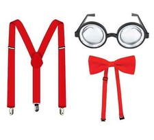 Red 3 Piece Goofy School Nerd Fancy Dress Geek Costume Braces Glasses Bow Tie UK