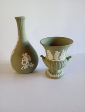 Wedgewood Jasperware Sage Green Neo-Classical Design Bud Vase and Small Urn.