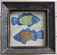 Vintage Mexican Tin Shadow Box Framed 'Dos Peces' Ceramic Tile by Gene Bryon