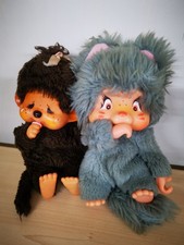 2 x Vintage  Monchhichi Nyami Grey /Pink Kitten  sucking thumb 1970s chic a boo