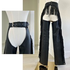 Steer Brand Black Leather Western Fringe Motorcycle Biker Chaps Womens XS