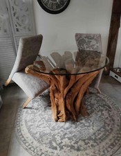 Solid Teak Root Base Glass Round Dining Table With Chairs