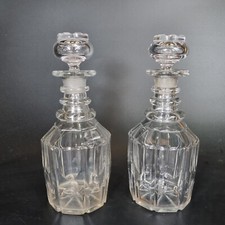 Antique 19th Century Pair Cut Glass Ring Neck Decanters 26cm High