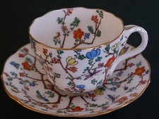 Vintage Copeland Spode Shanghai Cup Saucers Insects, Butterflies Tree & Blossom