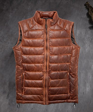 Mens Leather Puffer Vest Gilet